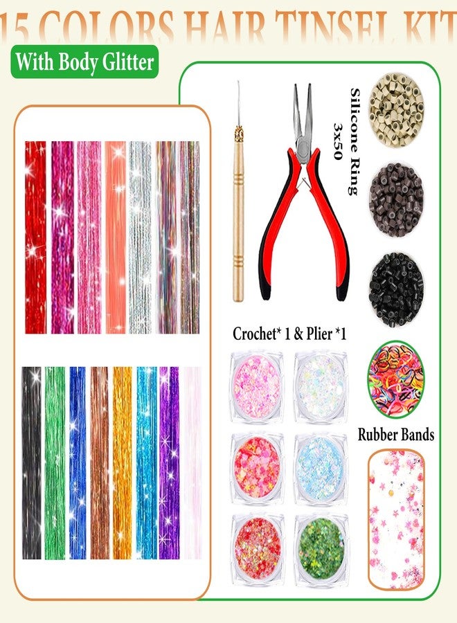 ELEVAVE Hair Tinsel Kit With Body Glitter 15 Colors 48 Inch 4500 Strands Glitter Tinsel Hair Extensions With Tools Fairy Hair Accessories, Suitable for Festivals and Daily Use (15 Colors Hair Tinsel Kit) - Image 2